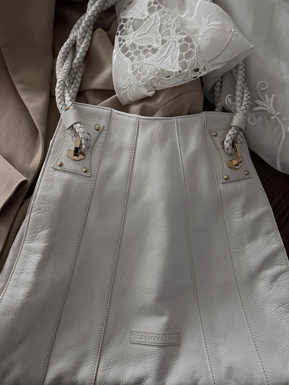 BCBGMaxAzria White Braided-Handle Leather Shoulder Tote